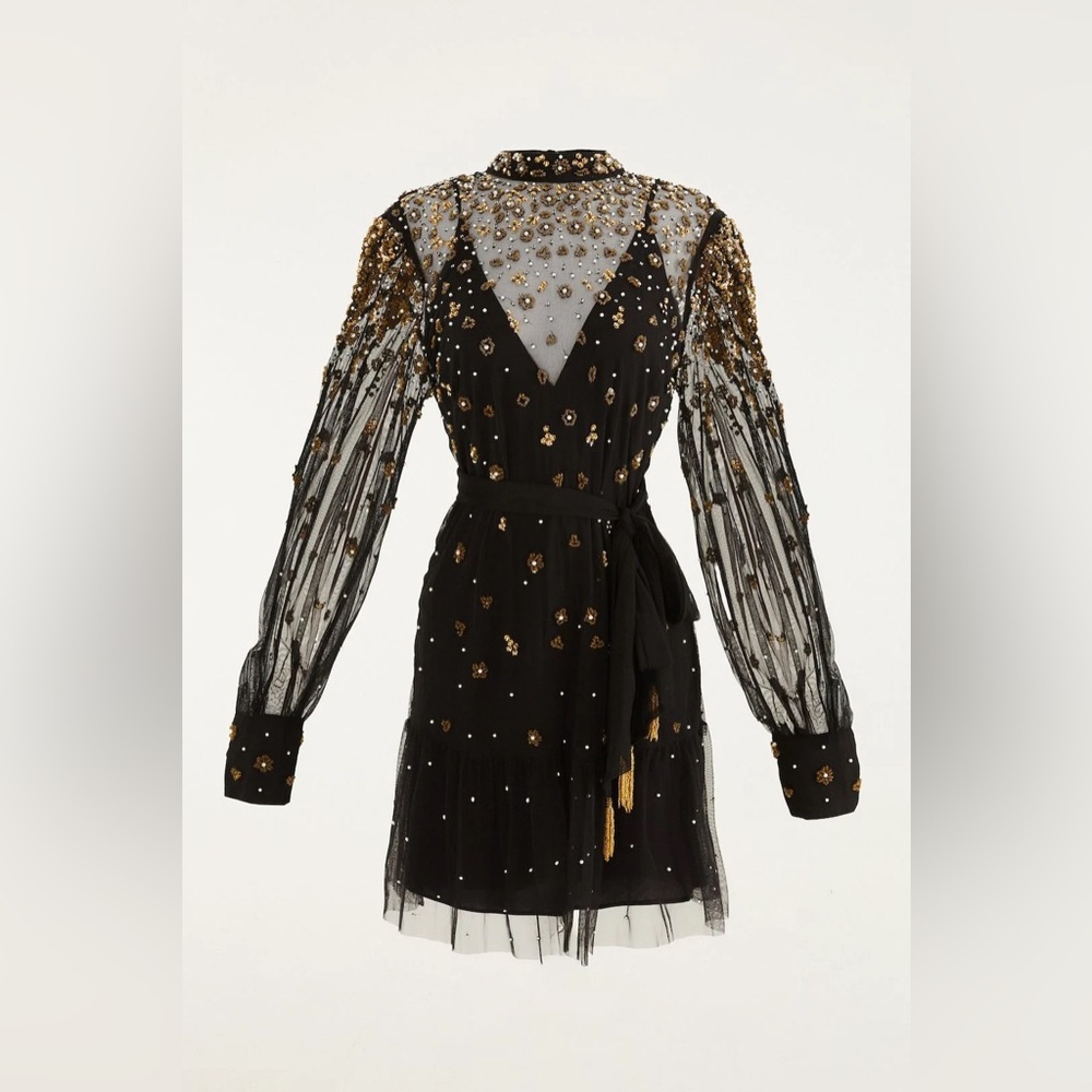FARM RIO Black Embroidered Tulle Overlay Belted Long Sleeve Mini Dress,Small,398 - Picture 3 of 16